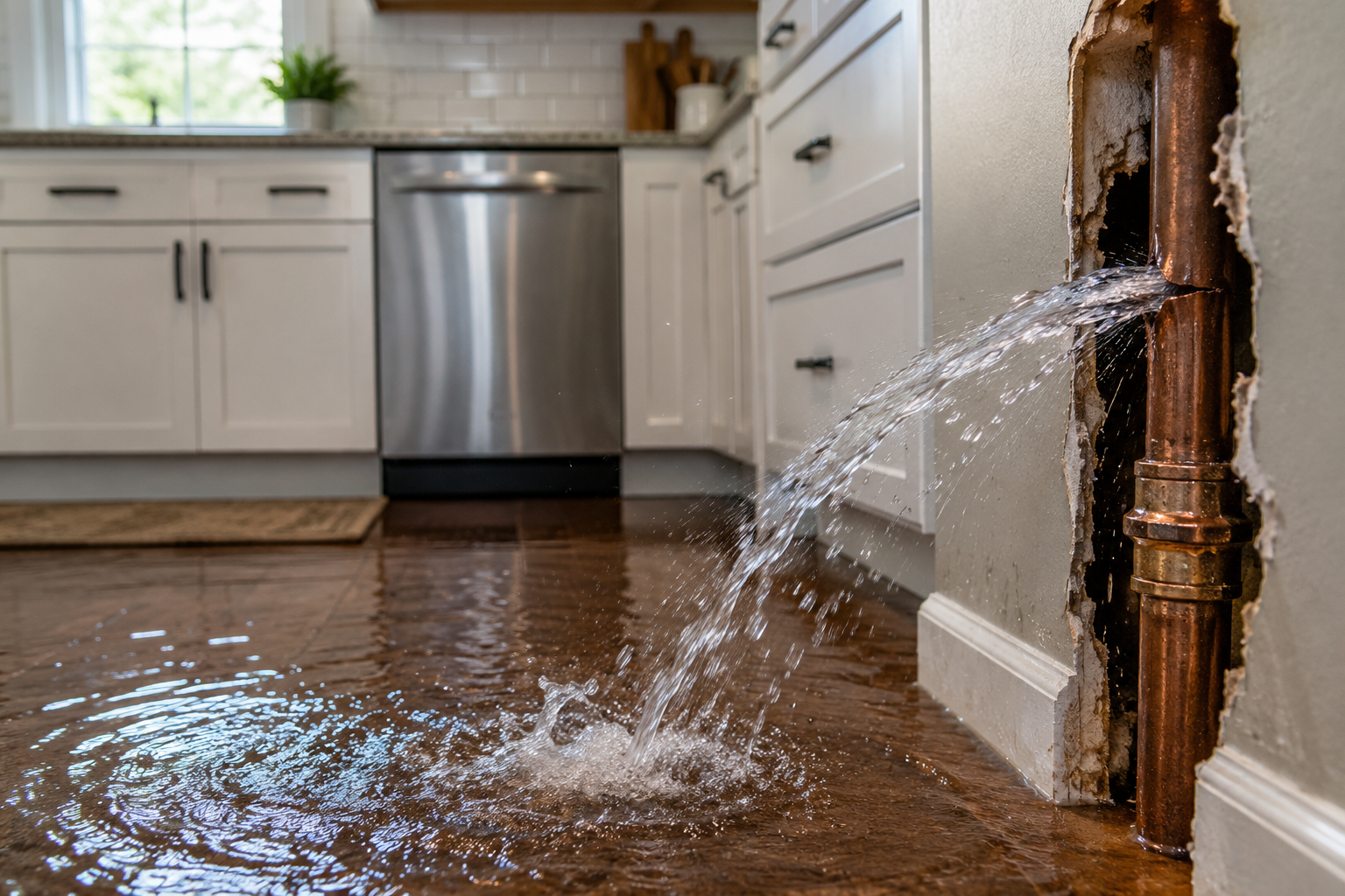 Burst copper pipe spraying water inside a kitchen wall, a common cause of sudden high water bills in Cleburne, TX