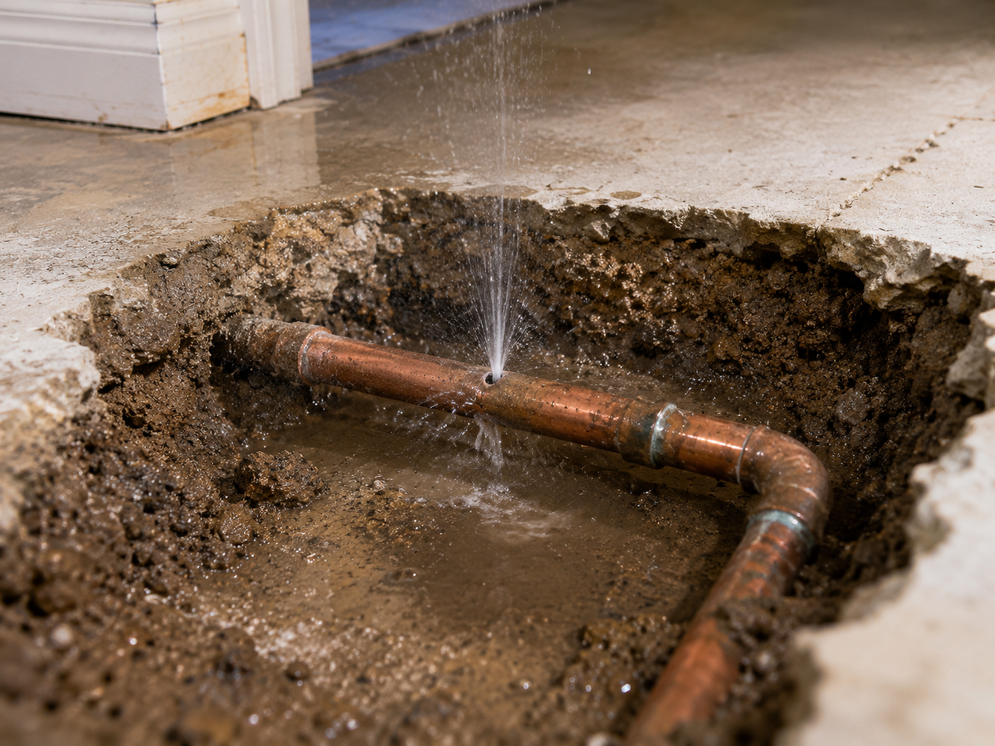 Copper water pipe spraying water from a leak inside an excavated concrete foundation slab