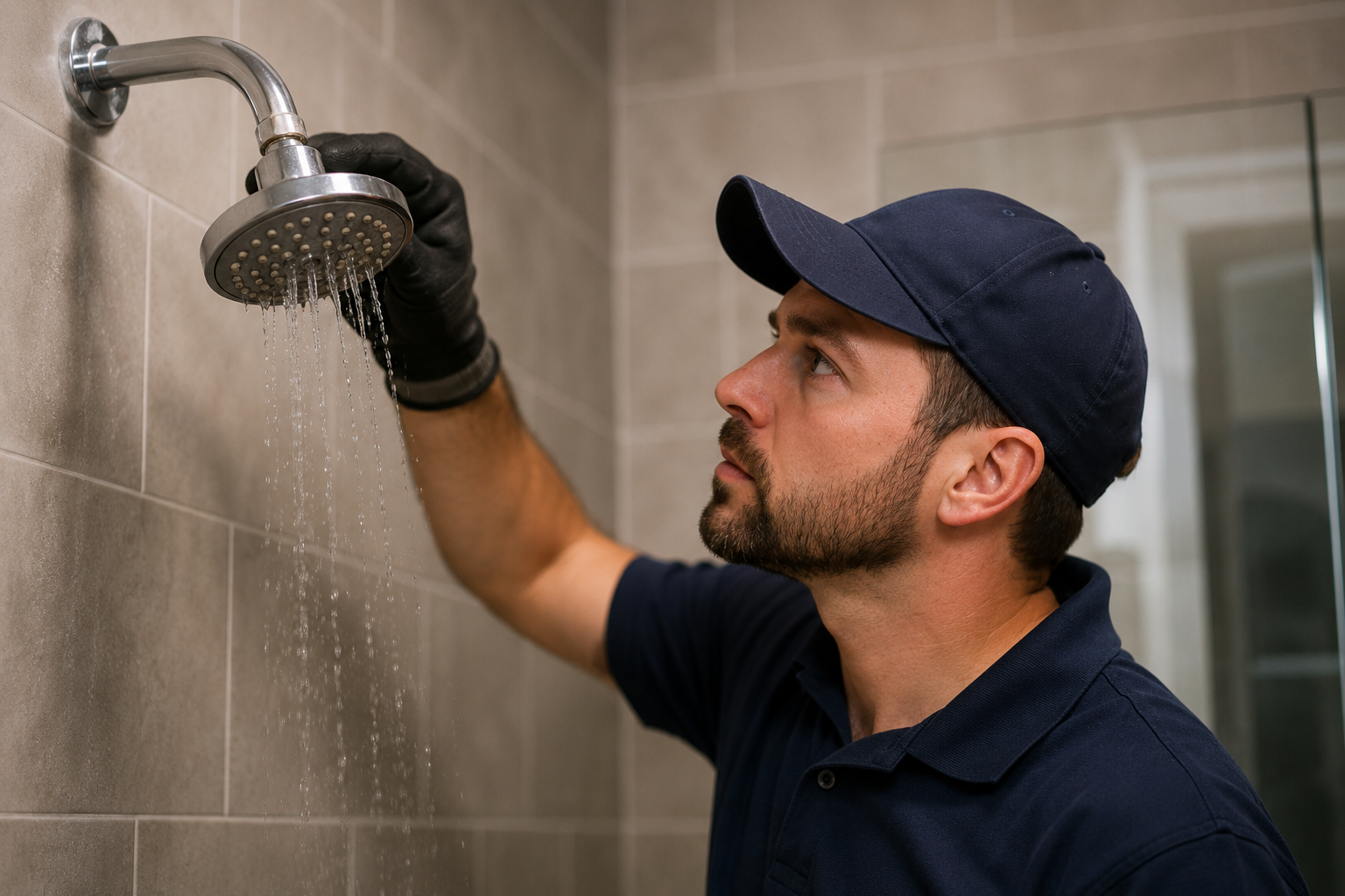 Licensed plumber inspecting a showerhead while water runs, checking for low water pressure issues
