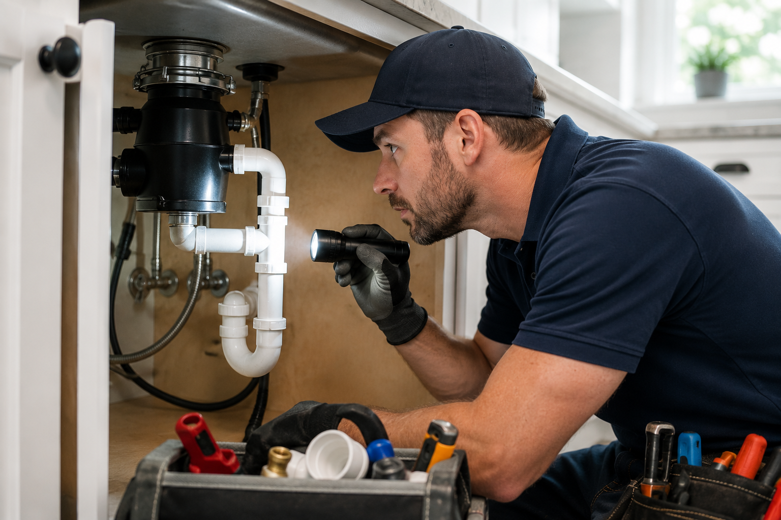 Licensed McDade plumber using a flashlight to inspect pipes and a garbage disposal under a kitchen sink