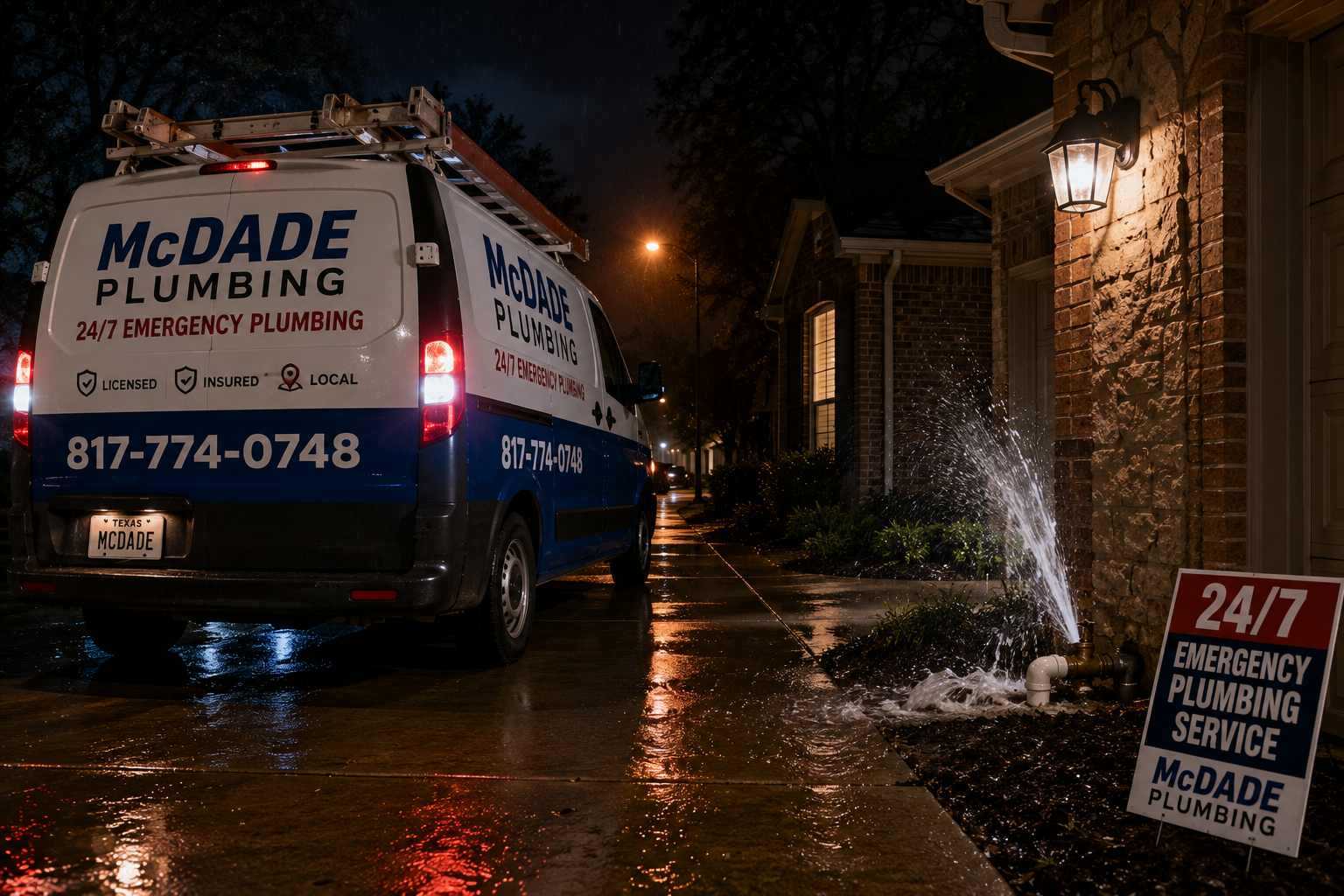 McDade Plumbing service van parked at night next to a home with a burst pipe spraying water, showing 24/7 emergency service in Cleburne, TX