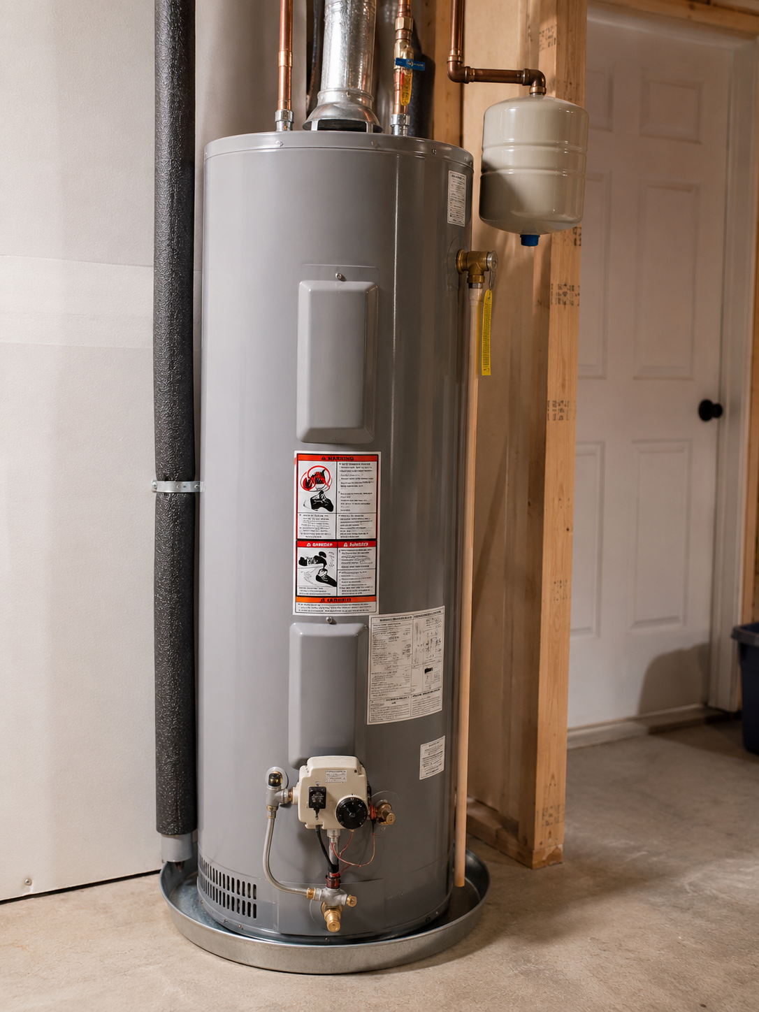 Residential gas water heater installed in a garage with copper supply lines and an expansion tank