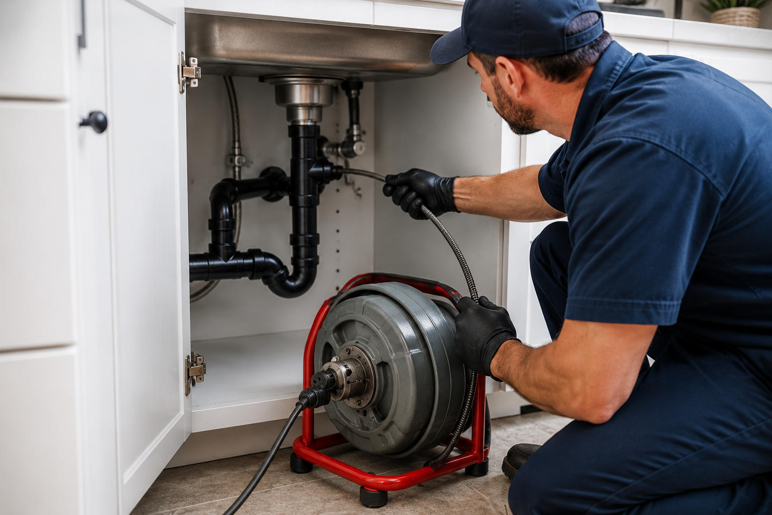 Licensed McDade plumber using a drain snake machine to service pipes under a kitchen sink in Cleburne, TX